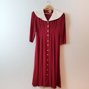 Vintage Red Pleated 70s 60s Accordion Long Sleeve School Girl Dress Union Made